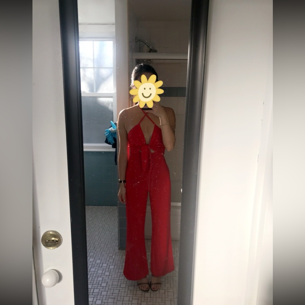 Red halter tie jumpsuit